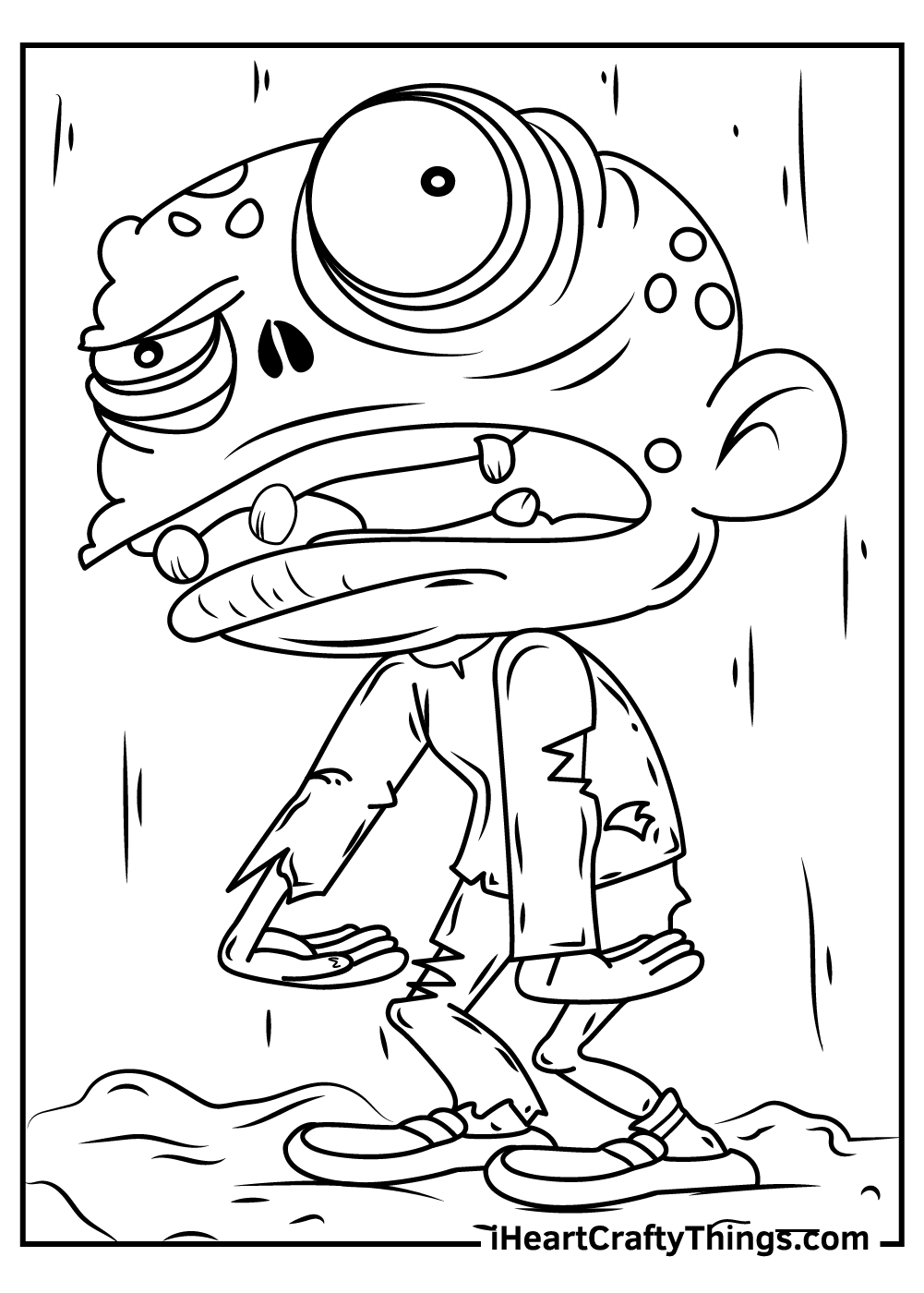Coloring page of a scary zombie with an eye poking out of the socket, big round head and multiple bumps on it