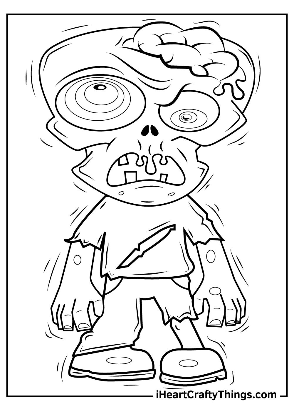 Detailed coloring image of a zombie with googly eyes and damaged head showing parts of its brain out
