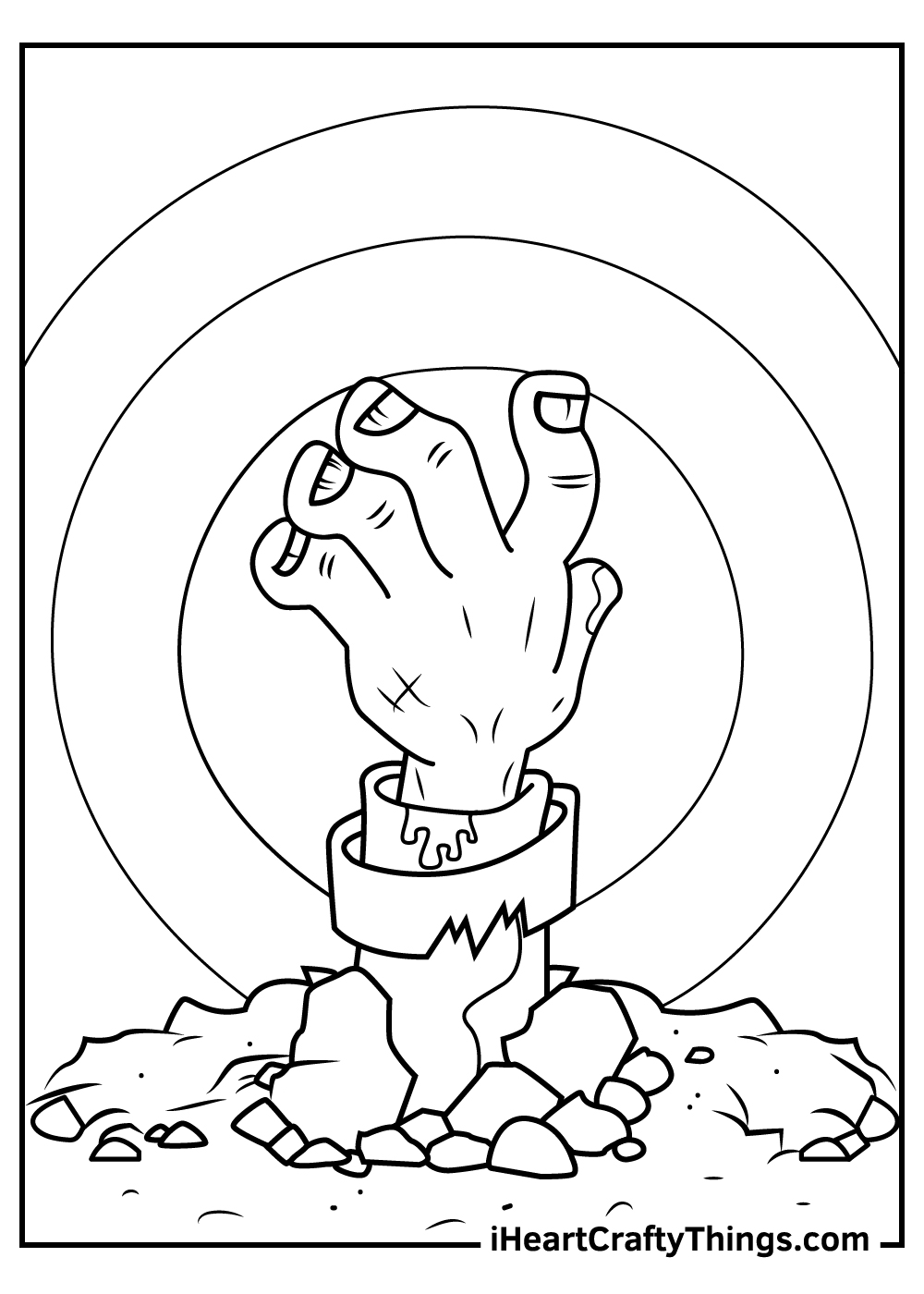 Zombie-themed coloring printable featuring a zombies hand reaching out of its grave