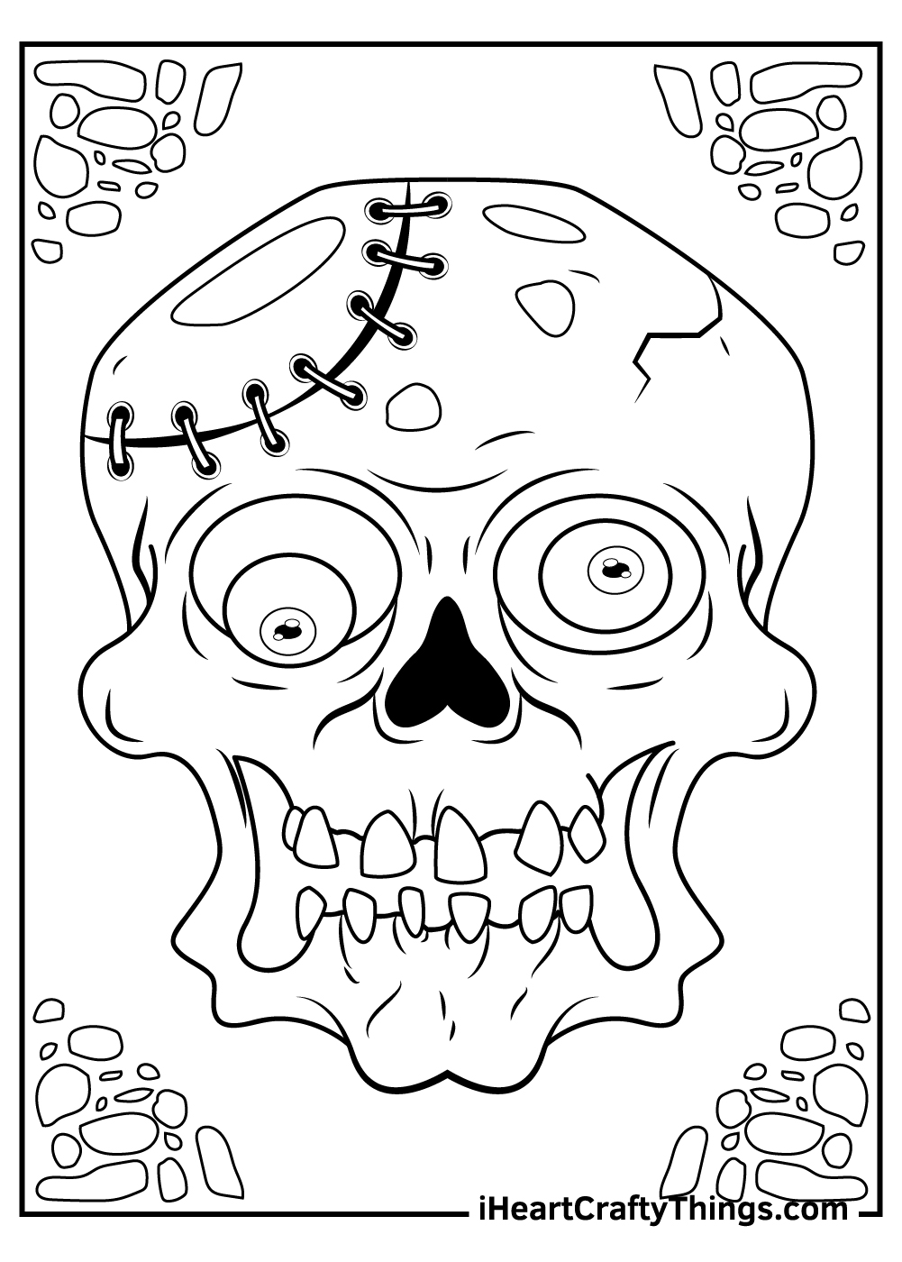 Coloring poster featuring zombies close-up shot with large stitches on its head, googly eyes and decayed teeth