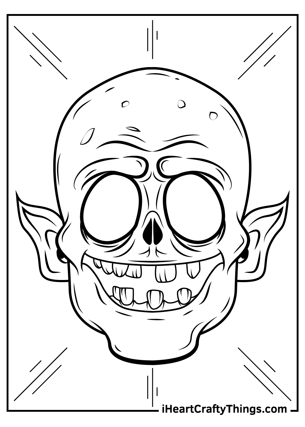 Detailed coloring portrait of a scary zombie with decayed teeth, bald head and elongated ears