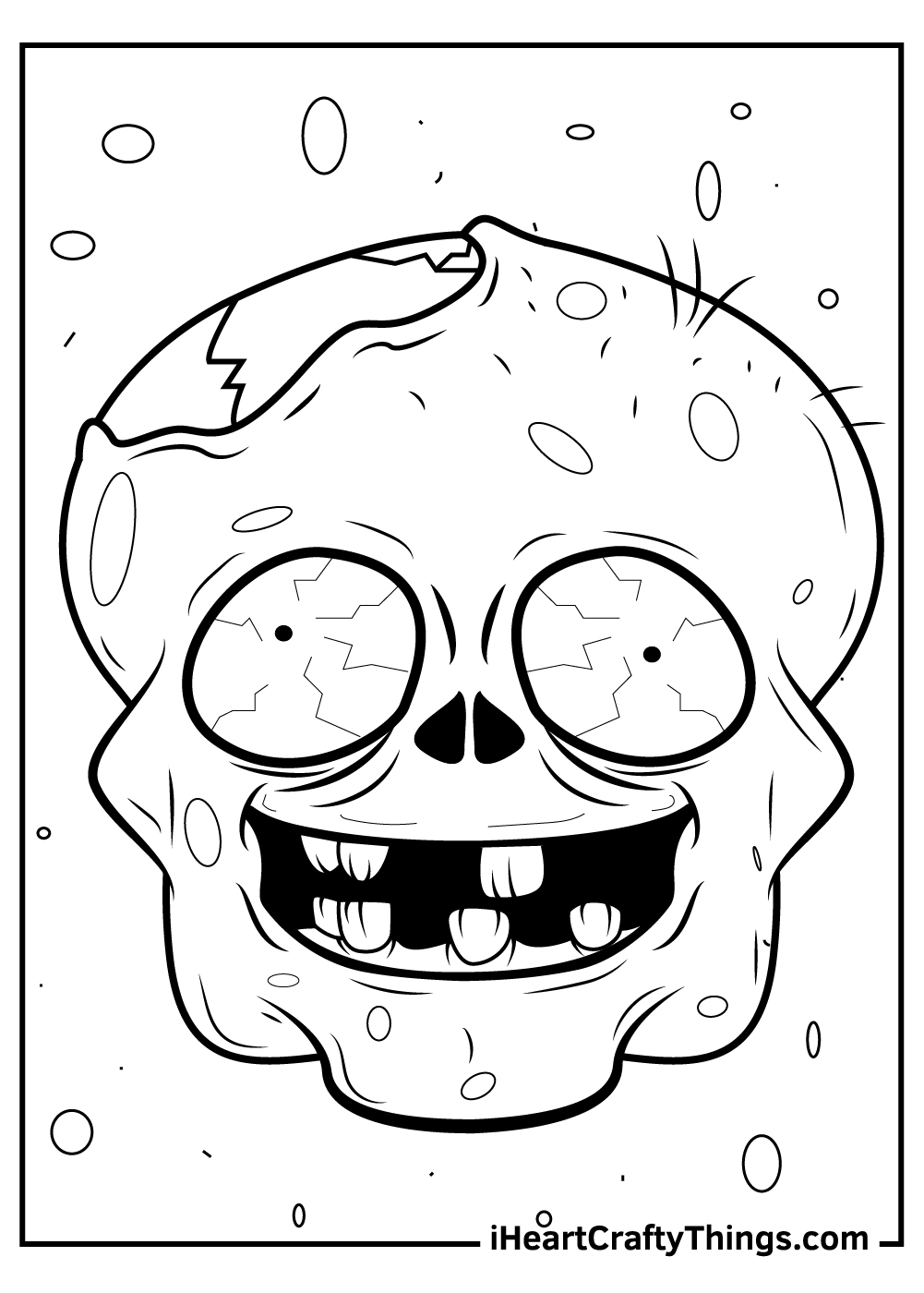 Printable coloring portrait of a happy-looking zombie with damaged head and superbly excited eyes