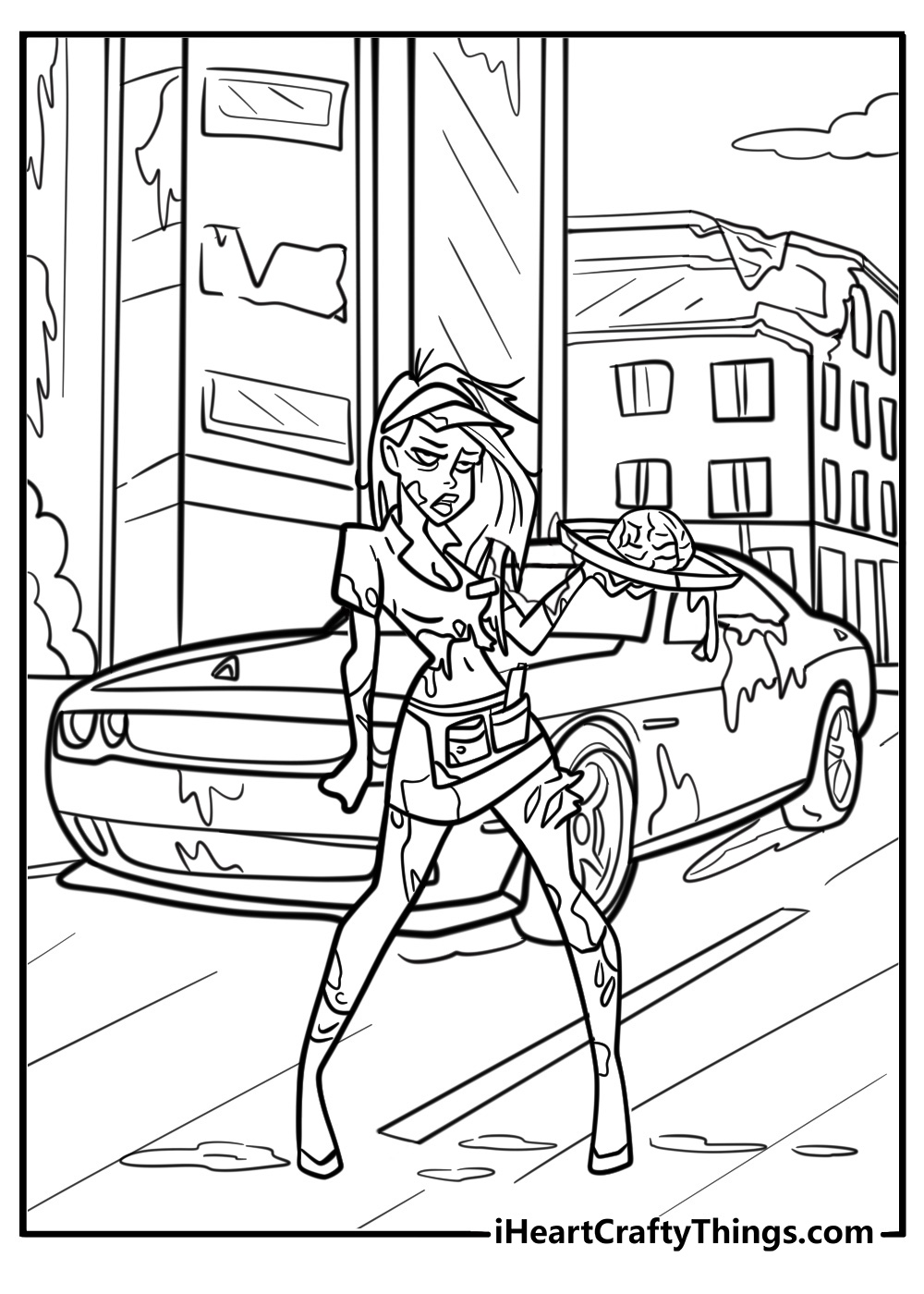 Zombie apocalypse scene with ruined buildings in the background