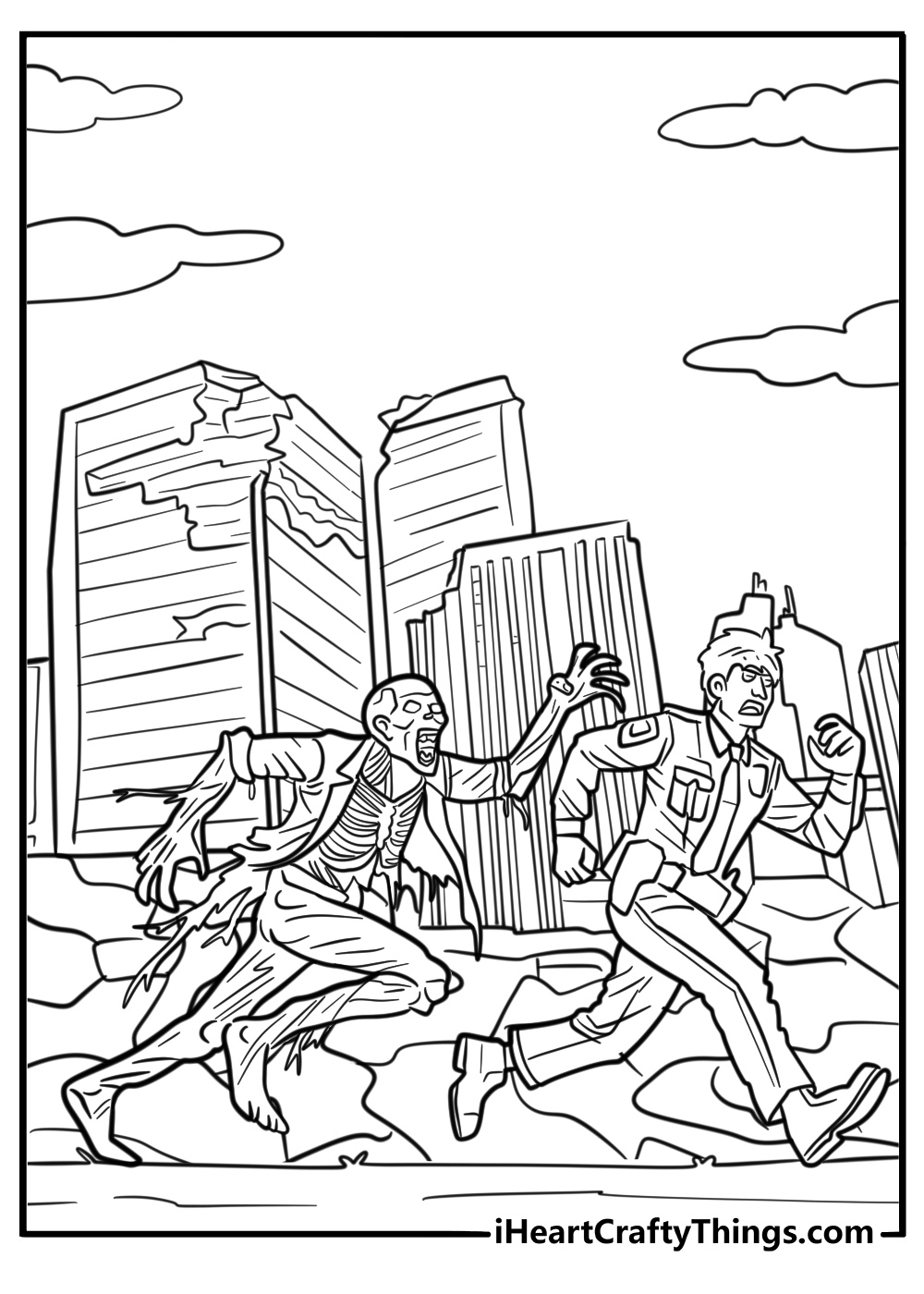 Zombie chasing a survivor in an abandoned city