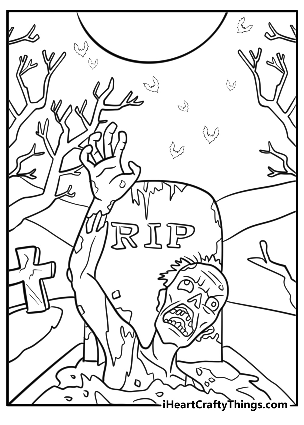 Zombie rising from a broken coffin in an old cemetery
