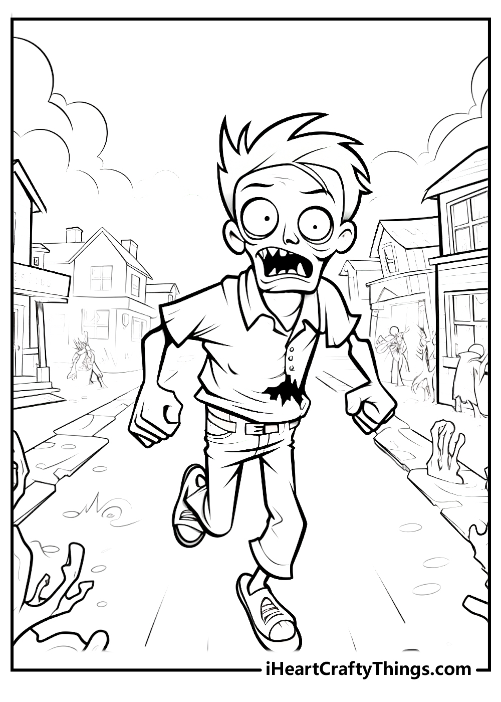 Detailed coloring page of a creepy male zombie with opened mouth sprinting down the empty street