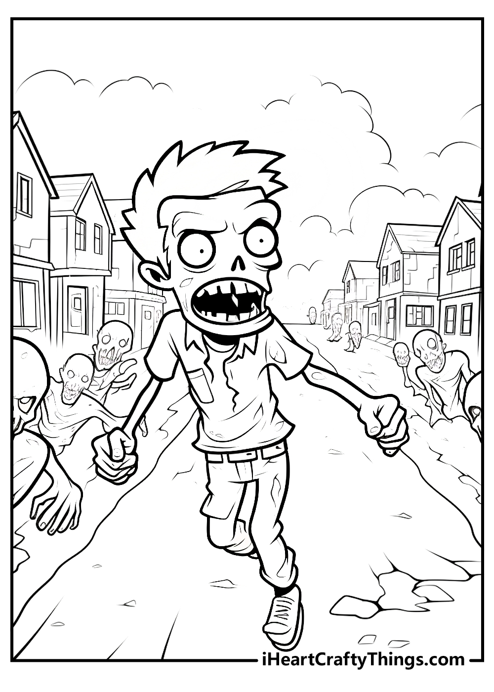 Free printable of a wrinkled zombie walking towards us with a scary face as more zombies peek from the sides
