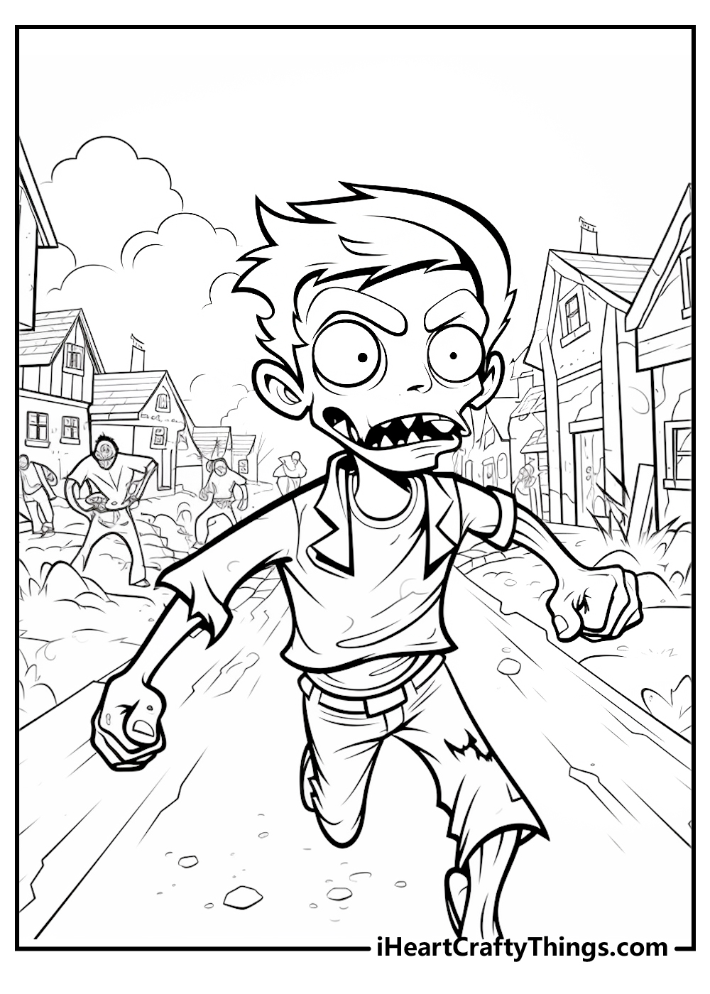 Printable coloring pdf of a sneaky zombie with rough hair running with his fists clenched ready to attack