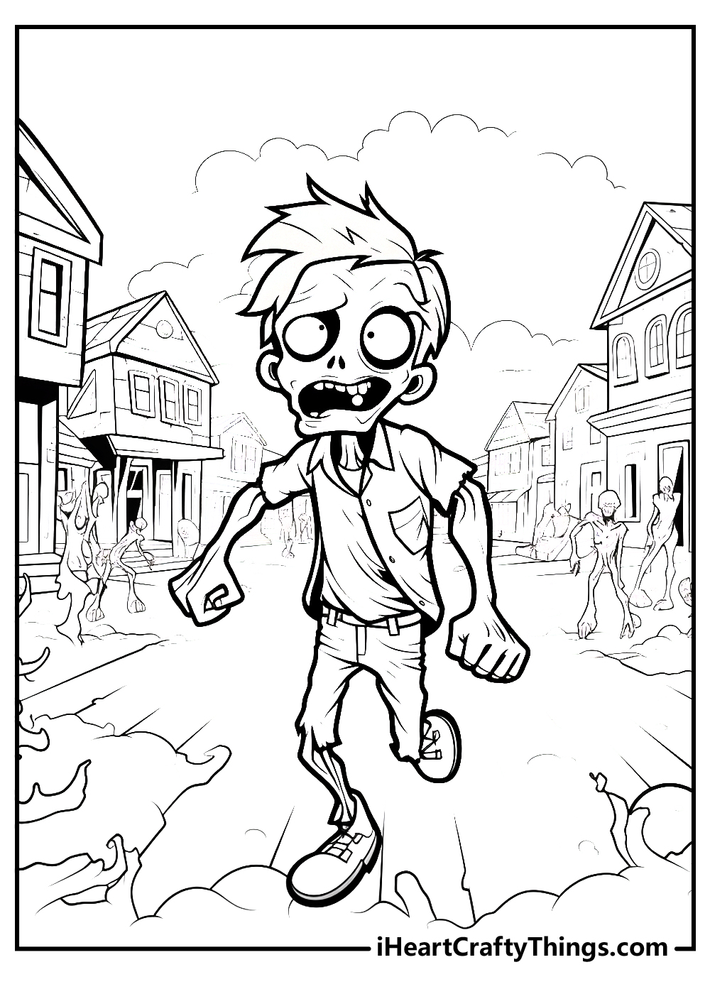 Detailed printable picture to color featuring mean angry zombie man sprinting aggressively down the street