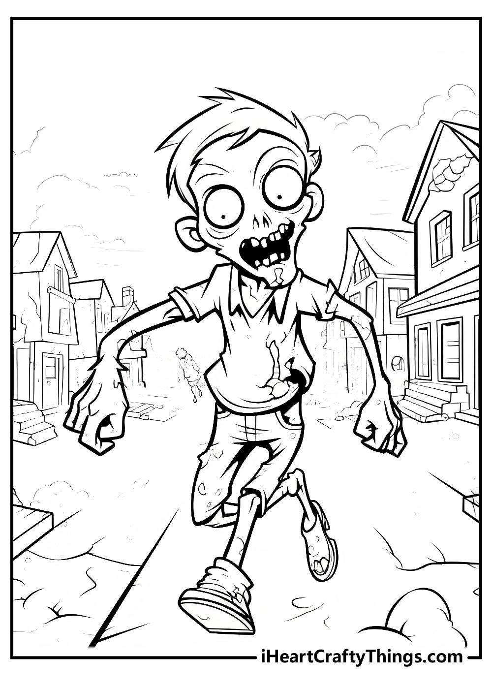 Printable pdf to color featurign wild-eyed zombie staggering quickly past abandoned buildings